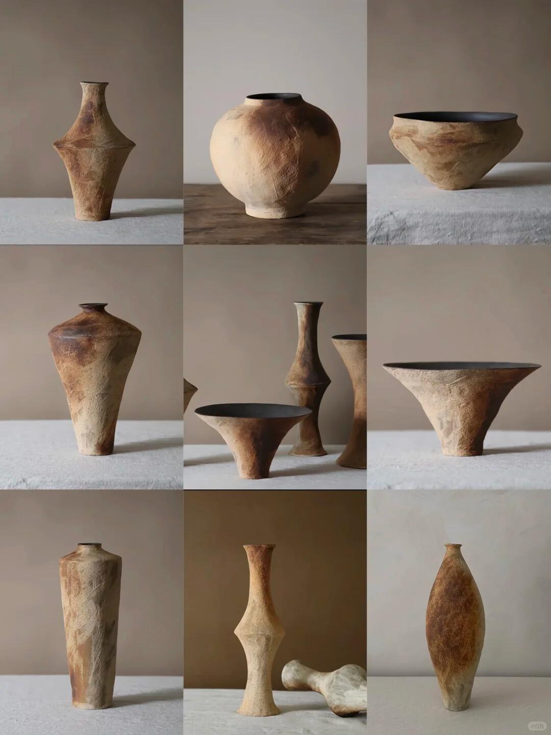 Nine-panel collage of earthy, textured pottery, including tall angular vases, a rounded pot, and wide flared bowls on neutral surfaces.