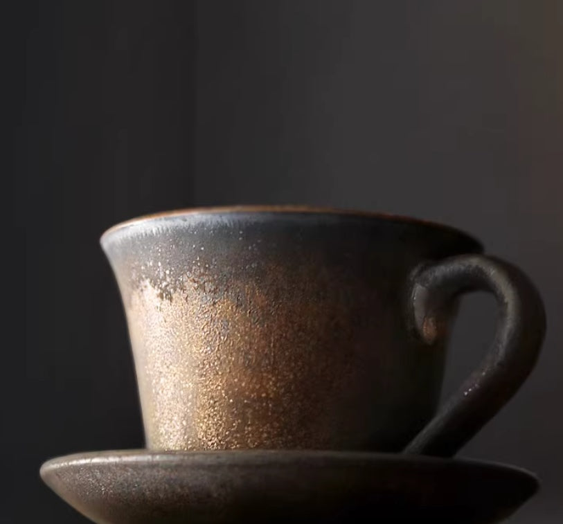 Handmade Japanese-style stoneware coffee set with saucer – retro ceramic cup crafted from pottery (170×170×145mm)
