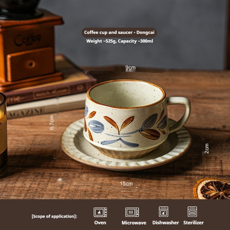Flower-patterned retro ceramic coffee cup and saucer set – 300ml gentle vintage style mug in assorted soft colors