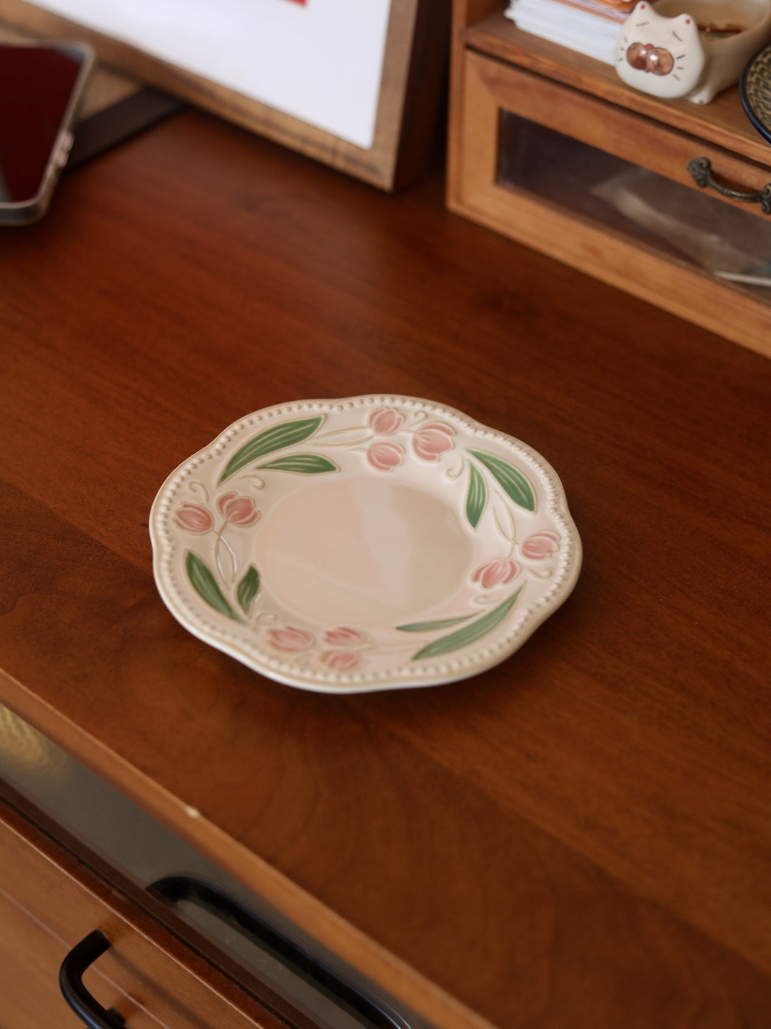 Carved flower tulip ceramic steam pitcher with relief decoration — vintage style 300ml cup (with optional saucer)