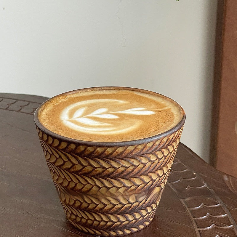 Retro glaze ceramic cup with embossed wheat relief — artisan 240 ml vintage style mug
