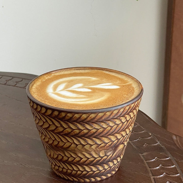 Retro glaze ceramic cup with embossed wheat relief — artisan 240 ml vintage style mug