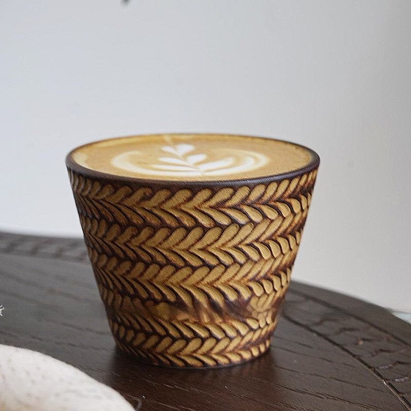 Retro glaze ceramic cup with embossed wheat relief — artisan 240 ml vintage style mug