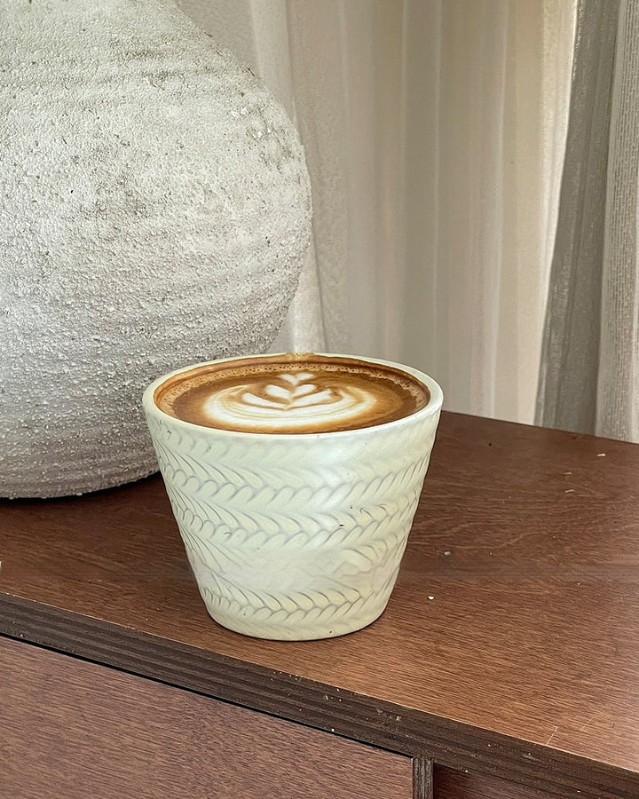 Retro glaze ceramic cup with embossed wheat relief — artisan 240 ml vintage style mug