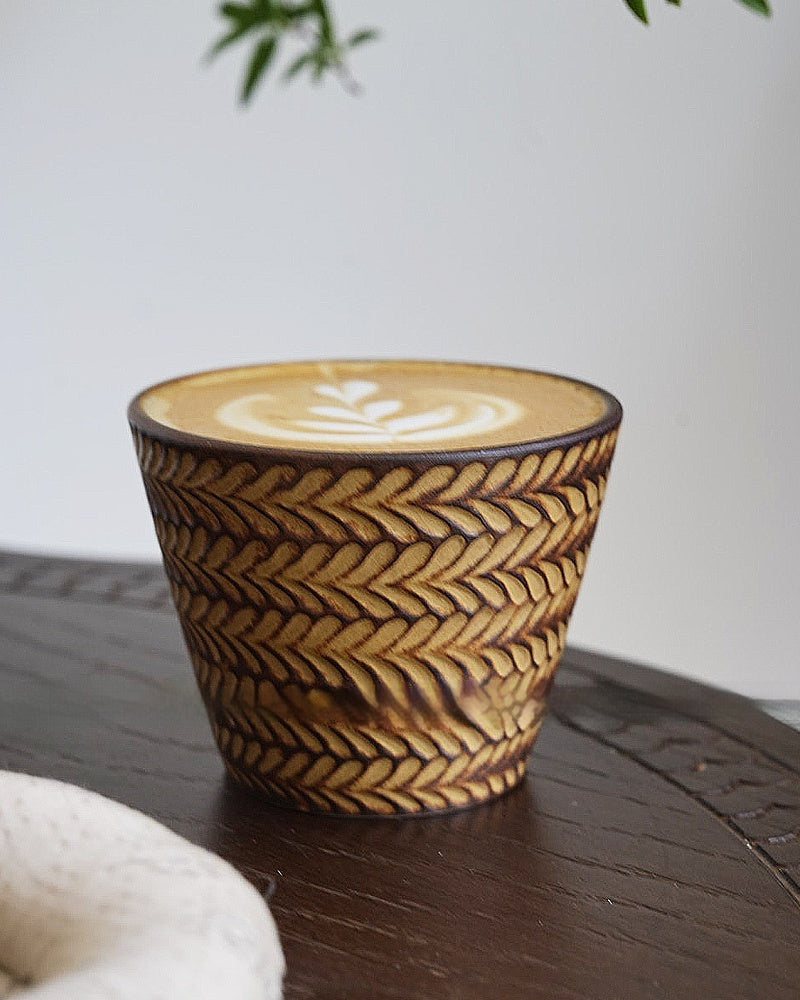 Retro glaze ceramic cup with embossed wheat relief — artisan 240 ml vintage style mug