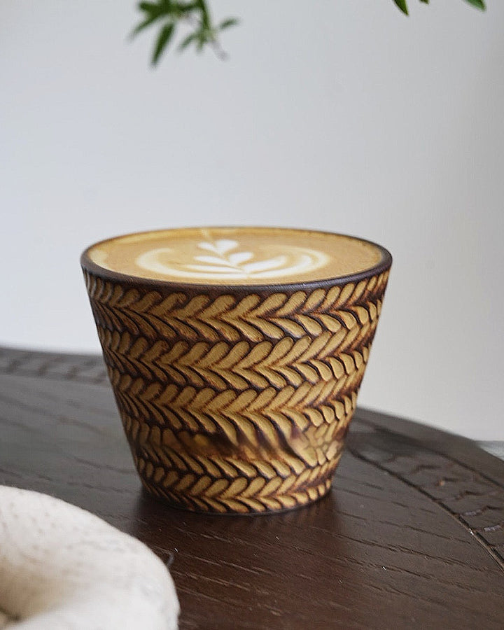 Retro glaze ceramic cup with embossed wheat relief — artisan 240 ml vintage style mug