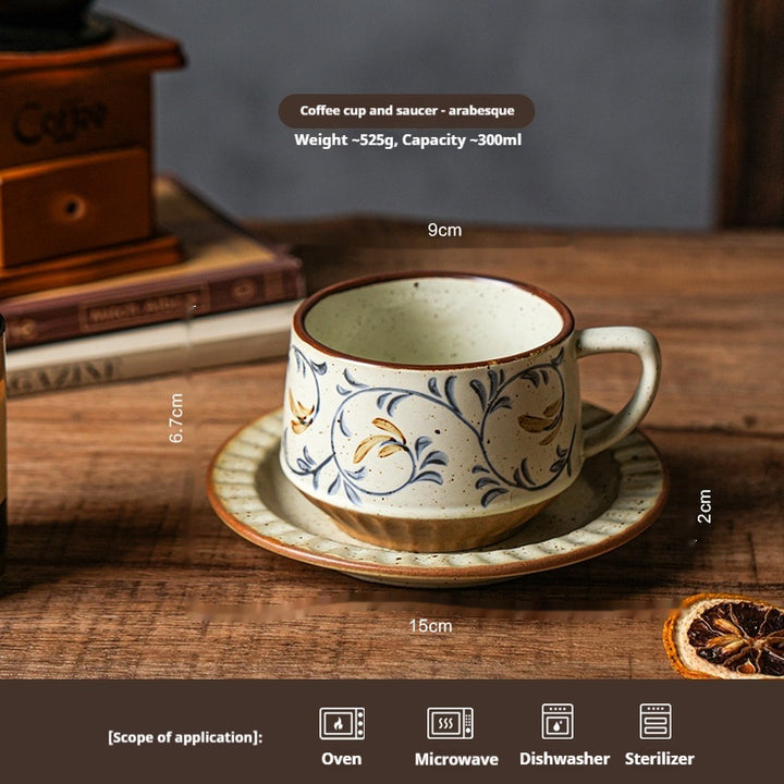 Flower-patterned retro ceramic coffee cup and saucer set – 300ml gentle vintage style mug in assorted soft colors