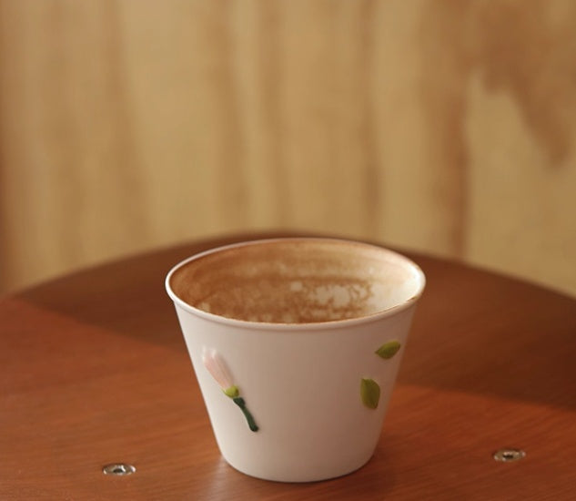 Handmade ceramic tea cup with delicate pink flower and green leaf detailing – 250ml minimalist mug for green tea or coffee