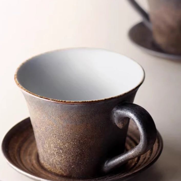 Handmade Japanese-style stoneware coffee set with saucer – retro ceramic cup crafted from pottery (170×170×145mm)

