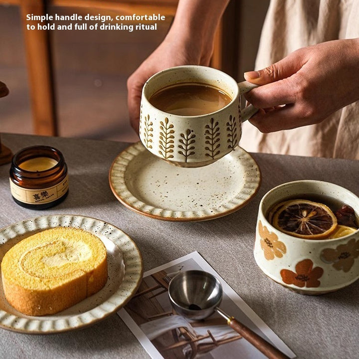Flower-patterned retro ceramic coffee cup and saucer set – 300ml gentle vintage style mug in assorted soft colors