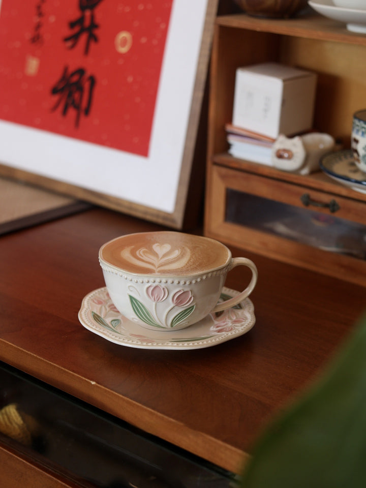Carved flower tulip ceramic steam pitcher with relief decoration — vintage style 300ml cup (with optional saucer)