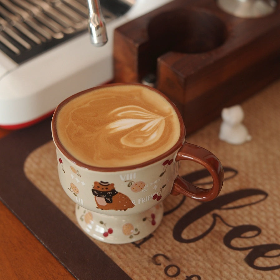 Antique Caramel Cat Ceramic Goblet – 250 ml Handpainted Mug & Saucer Set