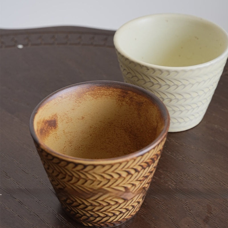 Retro glaze ceramic cup with embossed wheat relief — artisan 240 ml vintage style mug