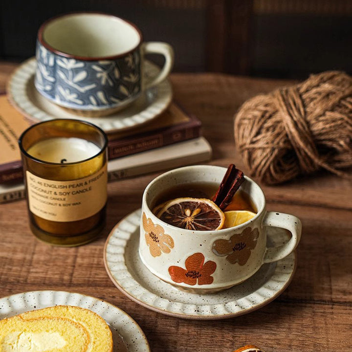 Flower-patterned retro ceramic coffee cup and saucer set – 300ml gentle vintage style mug in assorted soft colors