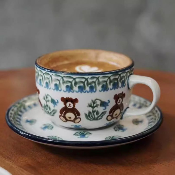 Teddy Bear Pattern Ceramic Coffee Cup & Saucer Set – Hand-Painted 220ml Mug