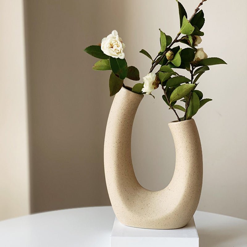 Abstract White Ceramic Vase – Minimalist U-Shaped Décor Piece Khaki