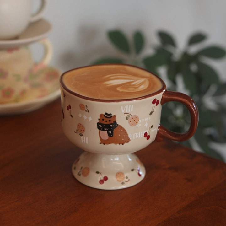 Antique Caramel Cat Ceramic Goblet – 250 ml Handpainted Mug & Saucer Set