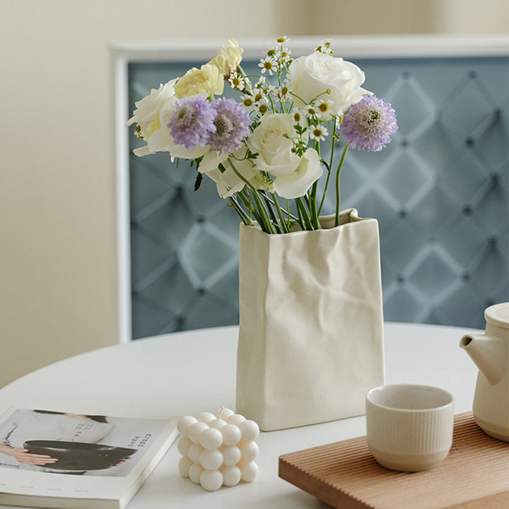 8" Cream Color Paper Bag Shaped Ceramic Vase - Tiny Porcelain