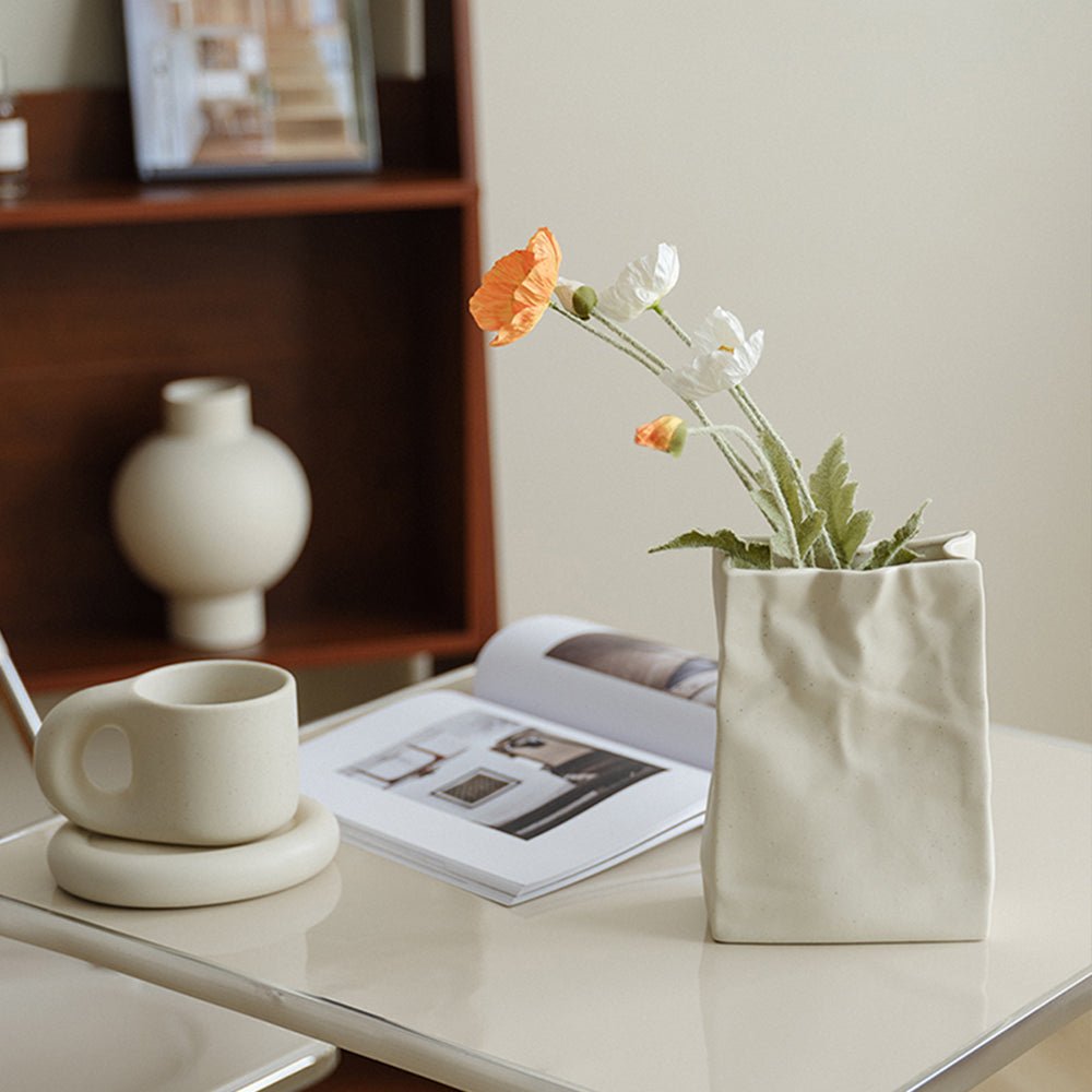 8" Cream Color Paper Bag Shaped Ceramic Vase - Tiny Porcelain