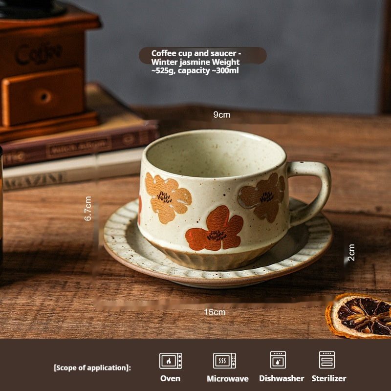 Flower-patterned retro ceramic coffee cup and saucer set – 300ml gentle vintage style mug in assorted soft colors