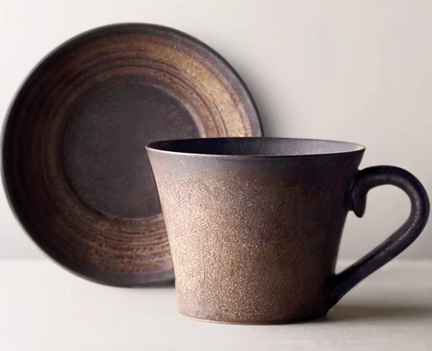 Handmade Japanese-style stoneware coffee set with saucer – retro ceramic cup crafted from pottery (170×170×145mm)
