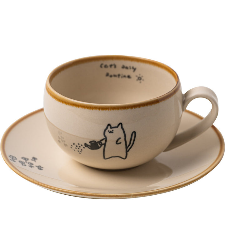 Japanese-style ceramic coffee cup and saucer set with cute cartoon cat illustrations – 280ml white mug with hand-drawn details