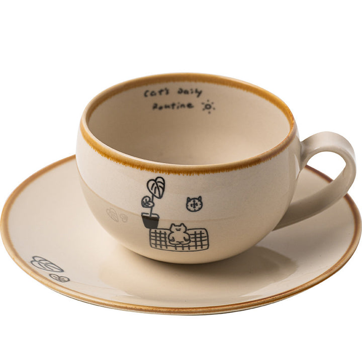 Japanese-style ceramic coffee cup and saucer set with cute cartoon cat illustrations – 280ml white mug with hand-drawn details