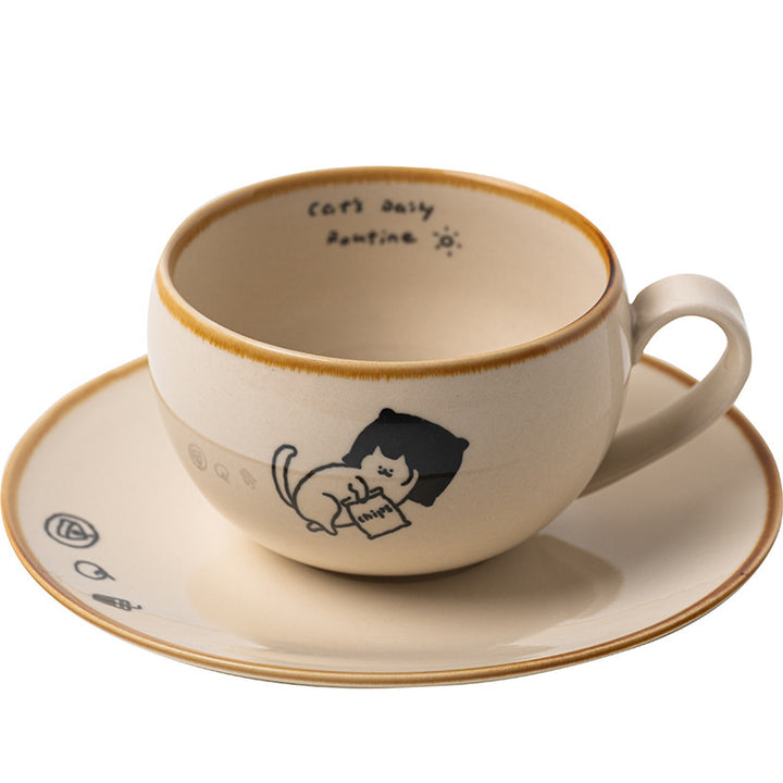 Japanese-style ceramic coffee cup and saucer set with cute cartoon cat illustrations – 280ml white mug with hand-drawn details