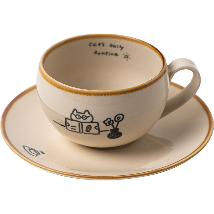 Japanese-style ceramic coffee cup and saucer set with cute cartoon cat illustrations – 280ml white mug with hand-drawn details