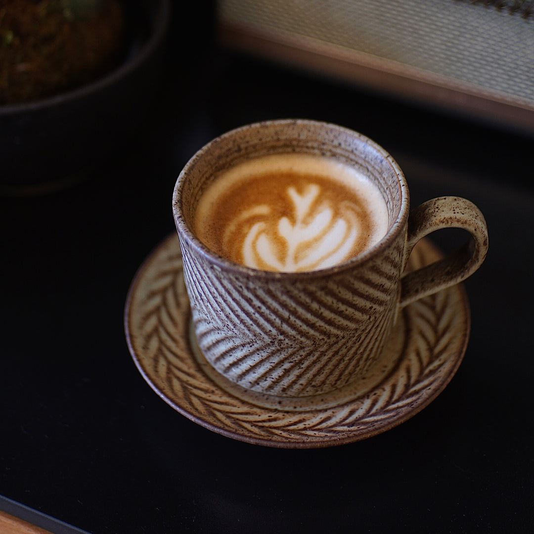 Handmade vintage stoneware coffee cup and saucer set – rustic ceramic mug with textured surface (280ml)