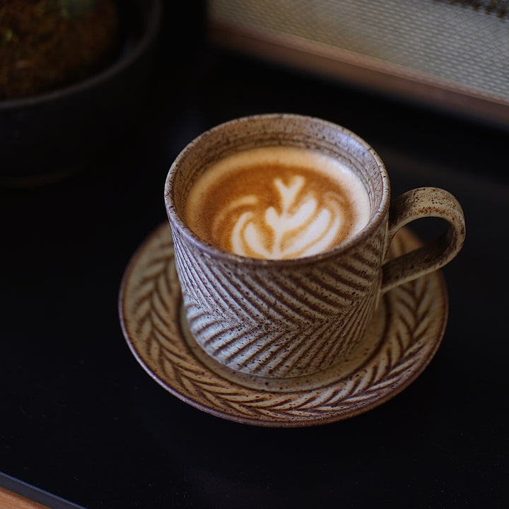 Handmade vintage stoneware coffee cup and saucer set – rustic ceramic mug with textured surface (280ml)