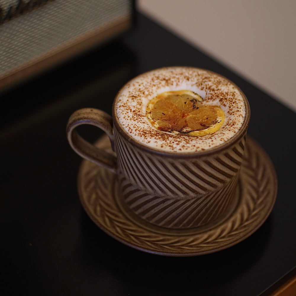 Handmade vintage stoneware coffee cup and saucer set – rustic ceramic mug with textured surface (280ml)