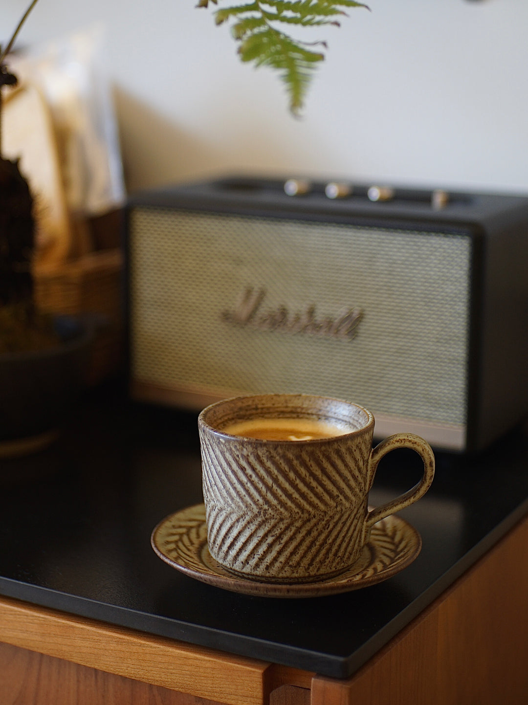 Handmade vintage stoneware coffee cup and saucer set – rustic ceramic mug with textured surface (280ml)