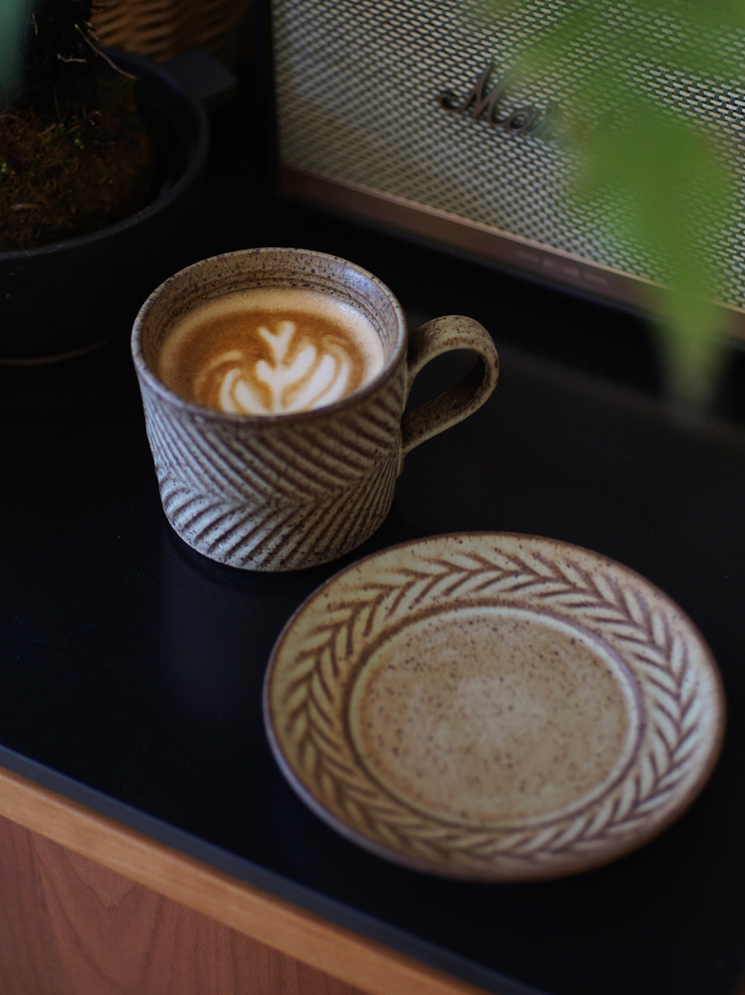 Handmade vintage stoneware coffee cup and saucer set – rustic ceramic mug with textured surface (280ml)