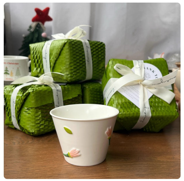 Handmade Green Tea Ceramic Cup with Embossed Flower Motif – 200ml