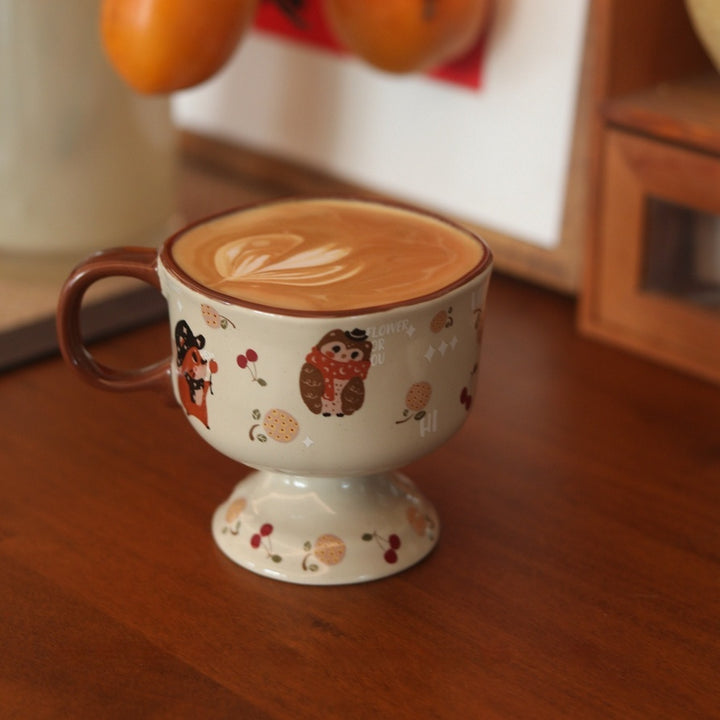 Antique Caramel Cat Ceramic Goblet – 250 ml Handpainted Mug & Saucer Set