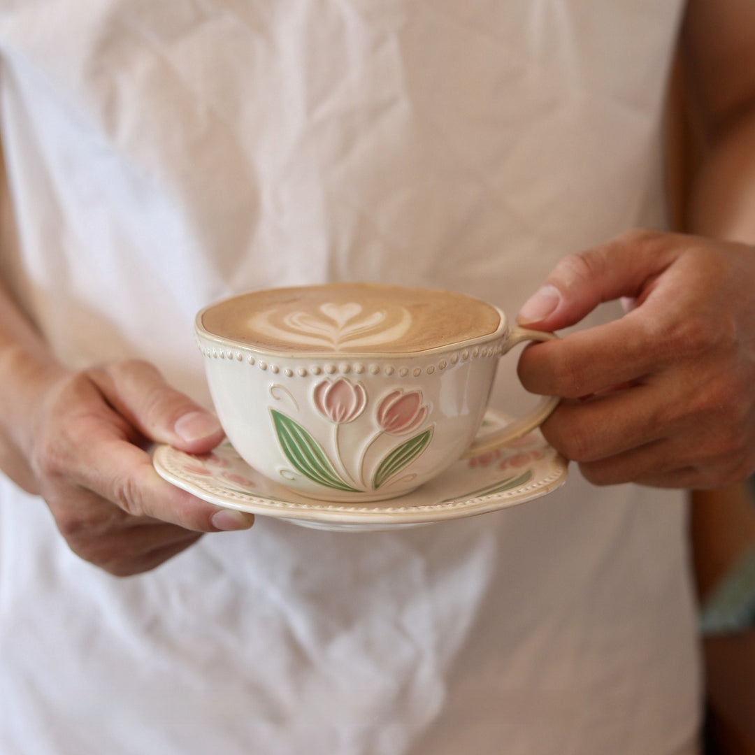 Carved flower tulip ceramic steam pitcher with relief decoration — vintage style 300ml cup (with optional saucer)