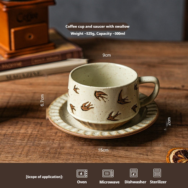 Flower-patterned retro ceramic coffee cup and saucer set – 300ml gentle vintage style mug in assorted soft colors