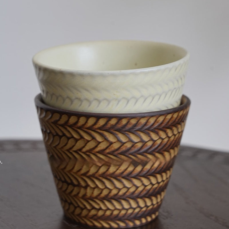 Retro glaze ceramic cup with embossed wheat relief — artisan 240 ml vintage style mug