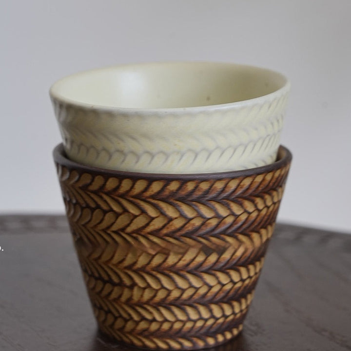 Retro glaze ceramic cup with embossed wheat relief — artisan 240 ml vintage style mug