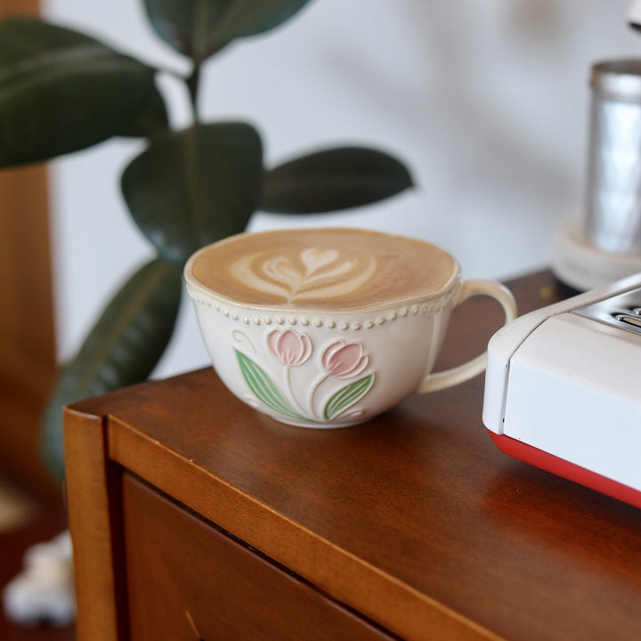 Carved flower tulip ceramic steam pitcher with relief decoration — vintage style 300ml cup (with optional saucer)
