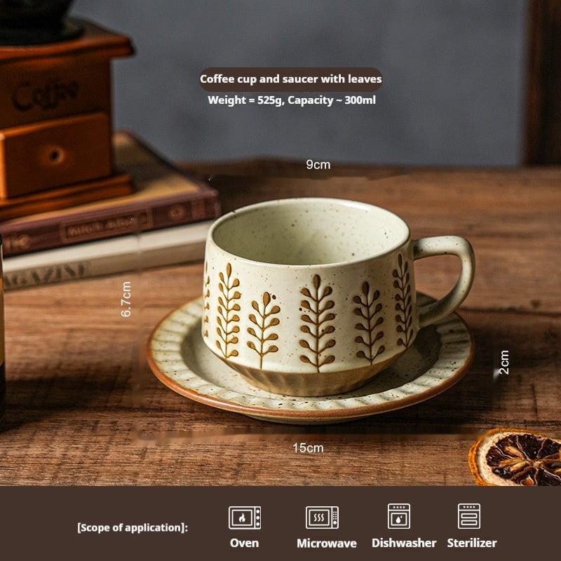Flower-patterned retro ceramic coffee cup and saucer set – 300ml gentle vintage style mug in assorted soft colors