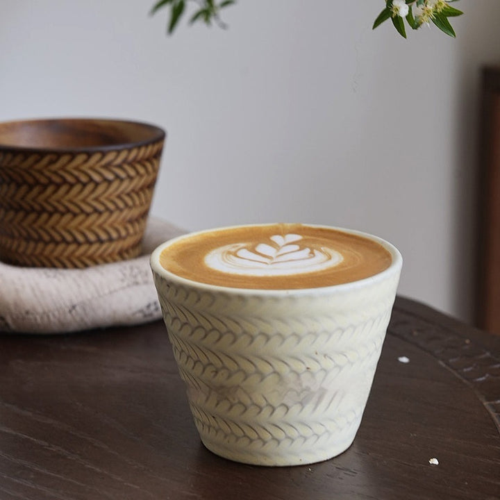 Retro glaze ceramic cup with embossed wheat relief — artisan 240 ml vintage style mug