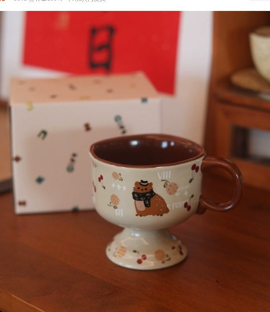 Antique Caramel Cat Ceramic Goblet – 250 ml Handpainted Mug & Saucer Set