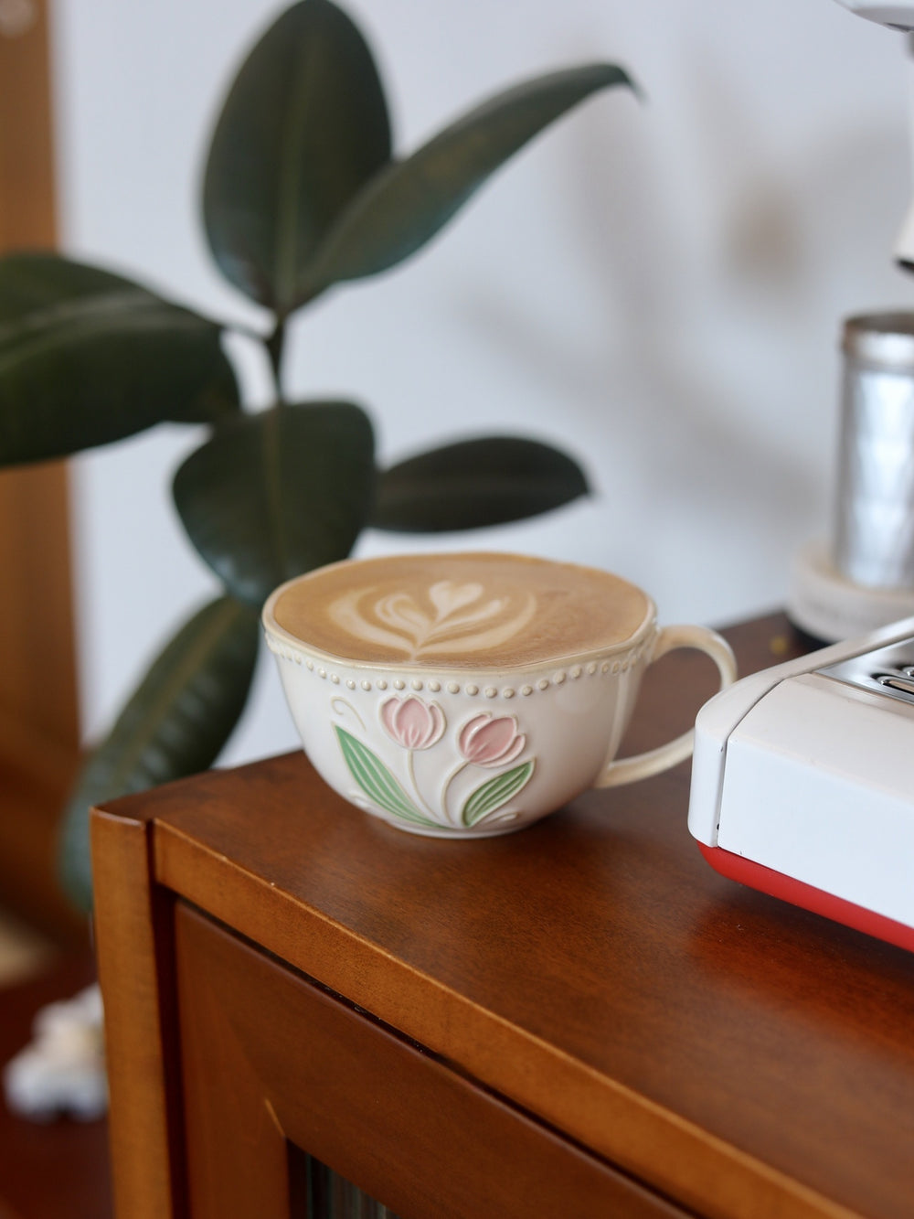 Carved flower tulip ceramic steam pitcher with relief decoration — vintage style 300ml cup (with optional saucer)