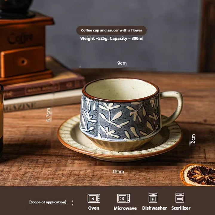 Flower-patterned retro ceramic coffee cup and saucer set – 300ml gentle vintage style mug in assorted soft colors