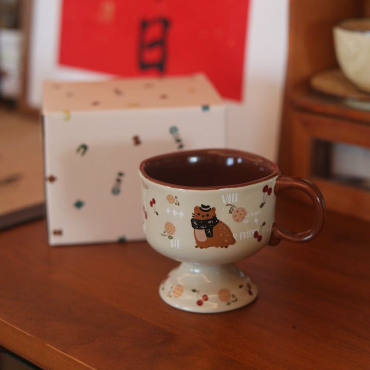 Antique Caramel Cat Ceramic Goblet – 250 ml Handpainted Mug & Saucer Set