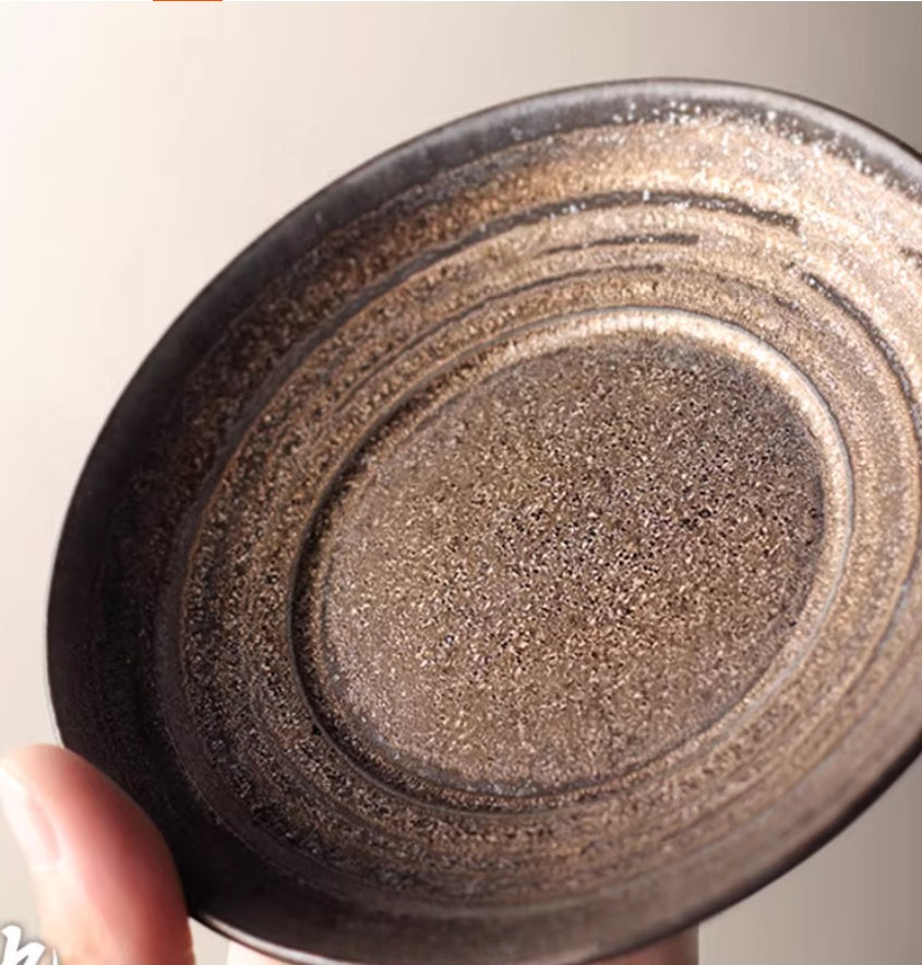 Handmade Japanese-style stoneware coffee set with saucer – retro ceramic cup crafted from pottery (170×170×145mm)
