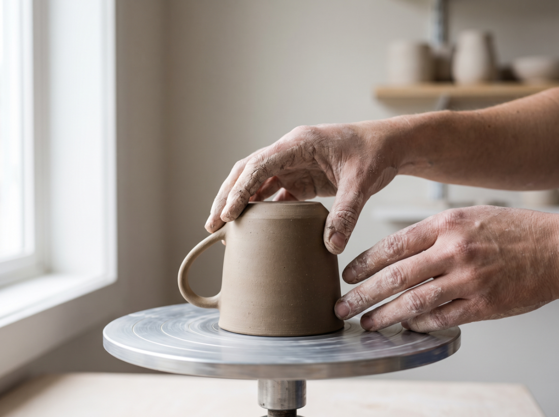 A pottery trimming process step in the Tiny Porcelain studio