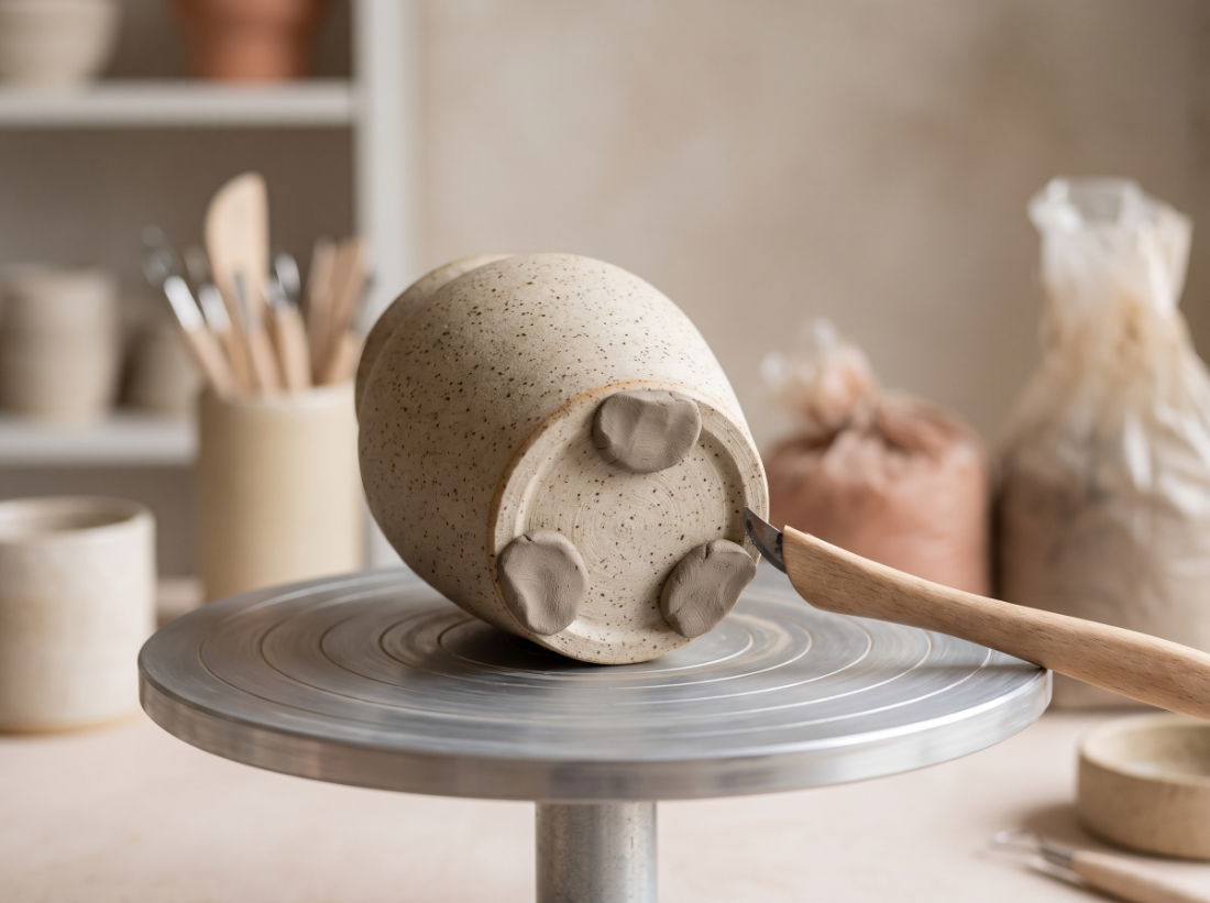A pottery trimming process step in the Tiny Porcelain studio